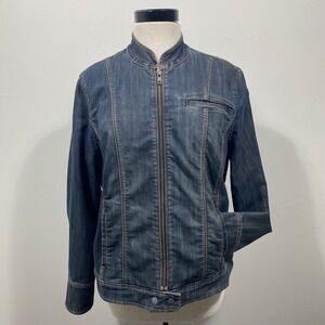 Coldwater Creek Womens 16 Denim Jacket Blue Zip Up Collared Moto Biker